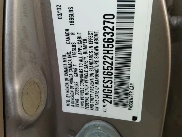 2HGES16522H563270 - 2002 HONDA CIVIC LX BEIGE photo 10