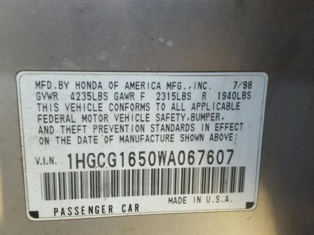 1HGCG1650WA067607 - 1998 HONDA ACCORD EX SILVER photo 10