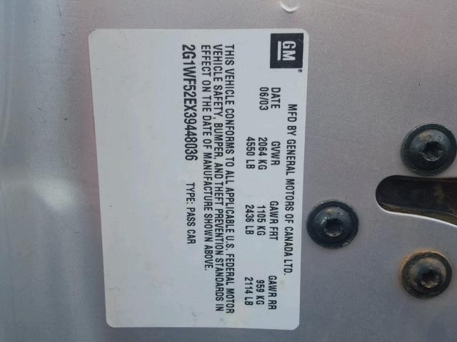 2G1WF52EX39448036 - 2003 CHEVROLET IMPALA SILVER photo 10