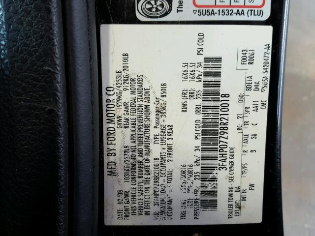 3FAHP07Z98R210018 - 2008 FORD FUSION SE BLACK photo 10