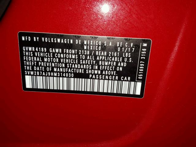 3VW2B7AJ9HM314030 - 2017 VOLKSWAGEN JETTA S 红色 照片 10