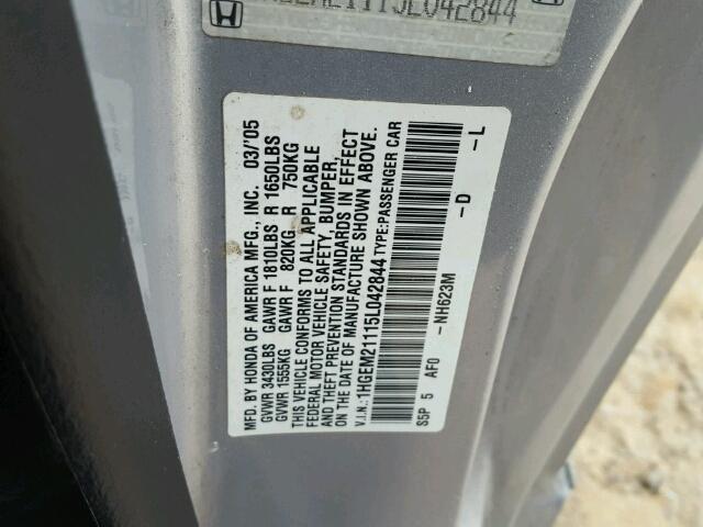 1HGEM21115L042844 - 2005 HONDA CIVIC DX V SILVER photo 10