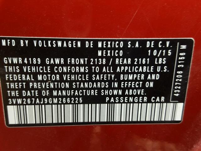 3VW267AJ9GM266225 - 2016 VOLKSWAGEN JETTA S RED photo 10