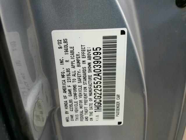 1HGCG22552A039095 - 2002 HONDA ACCORD EX 银色 照片 10
