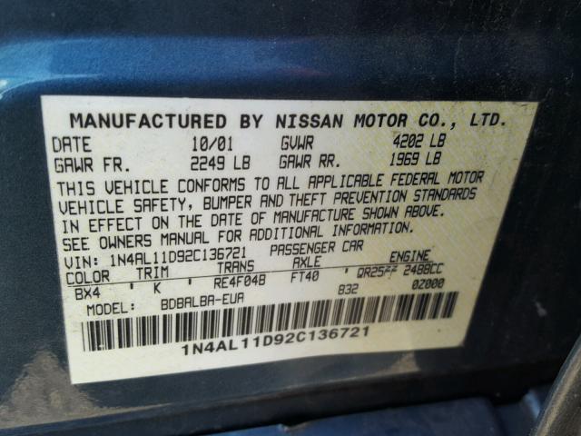 1N4AL11D92C136721 - 2002 NISSAN ALTIMA BAS BLUE photo 10