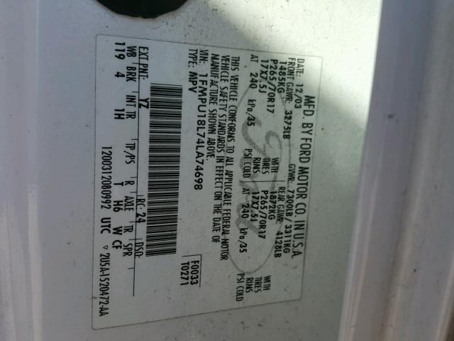 1FMPU18L74LA74698 - 2004 FORD EXPEDITION WHITE photo 10