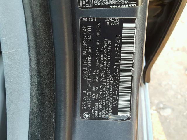 WBAAV33471EE78748 - 2001 BMW 325 I GRAY photo 10