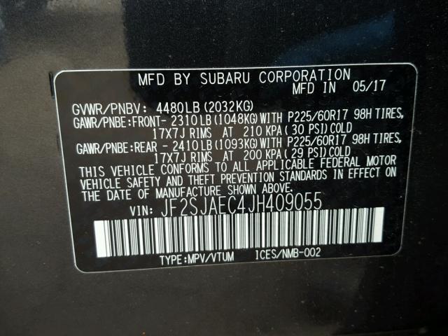 JF2SJAEC4JH409055 - 2018 SUBARU FORESTER 2 BLACK photo 10