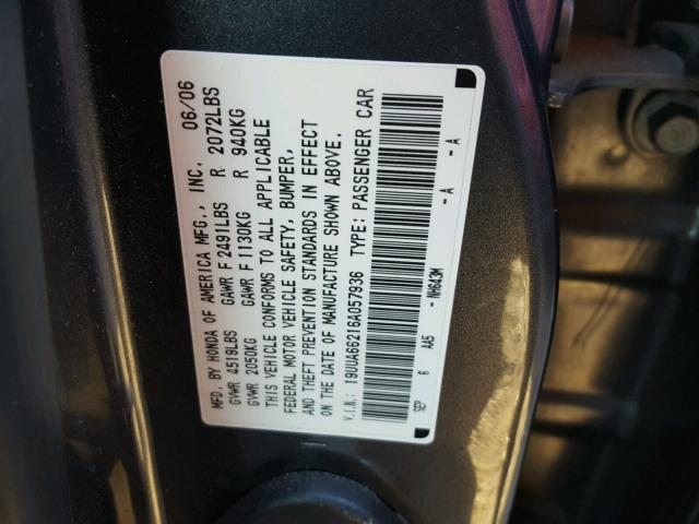 19UUA66216A057936 - 2006 ACURA 3.2TL GRAY photo 10