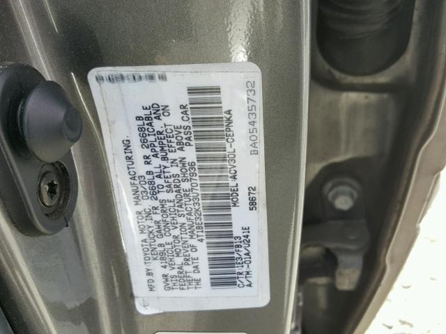 4T1BE32K33U707936 - 2003 TOYOTA CAMRY LE 灰色 照片 10