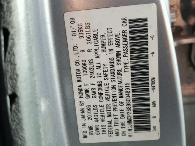 JHMCP26898C048915 - 2008 HONDA ACCORD EXL SILVER photo 10