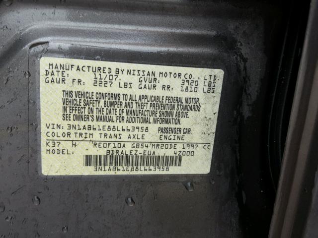 3N1AB61E88L663958 - 2008 NISSAN SENTRA 2.0 GRAY photo 10