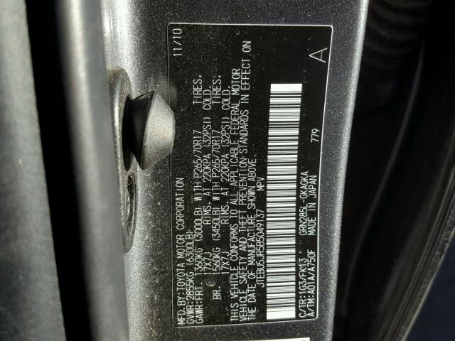 JTEBU5JR5B5049137 - 2011 TOYOTA 4RUNNER SR GRAY photo 10