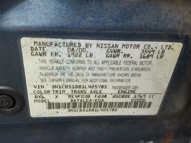 3N1CB51D81L425785 - 2001 NISSAN SENTRA XE BLUE photo 10