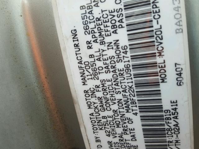4T1BF22K11U961746 - 2001 TOYOTA CAMRY LE ვერცხლისფერი ფოტო 10