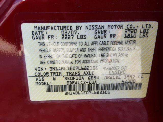 3N1AB61E07L682101 - 2007 NISSAN SENTRA 2.0 BURGUNDY photo 10