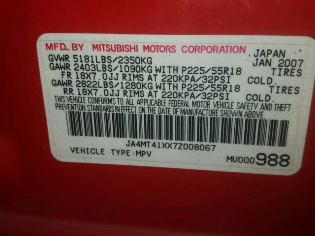 JA4MT41XX7Z008067 - 2007 MITSUBISHI OUTLANDER RED photo 10