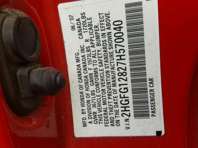 2HGFG12827H570040 - 2007 HONDA CIVIC EX RED photo 10