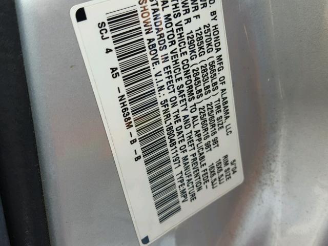 5FNRL18904B111971 - 2004 HONDA ODYSSEY EX SILVER photo 10