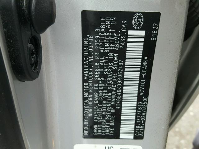 4T4BE46K09R062497 - 2009 TOYOTA CAMRY BASE SILVER photo 10