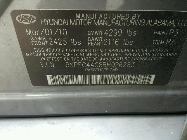 5NPEC4AC8BH026283 - 2011 HYUNDAI SONATA SE GRAY photo 10