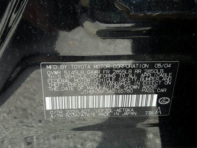 JTHBN36F340165780 - 2004 LEXUS LS 430 BLACK photo 10