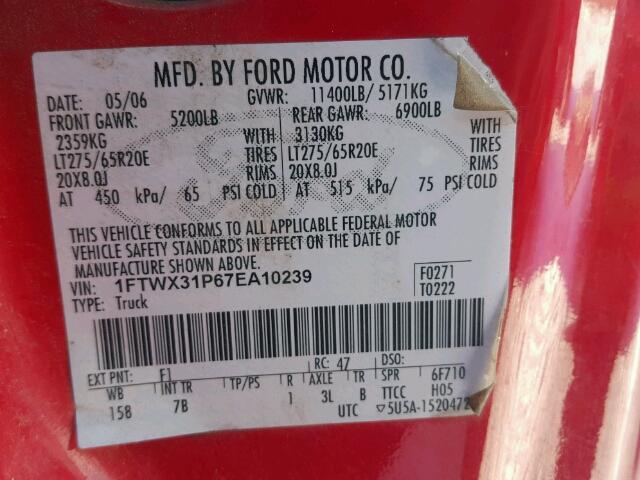 1FTWX31P67EA10239 - 2007 FORD F350 SRW S RED photo 10