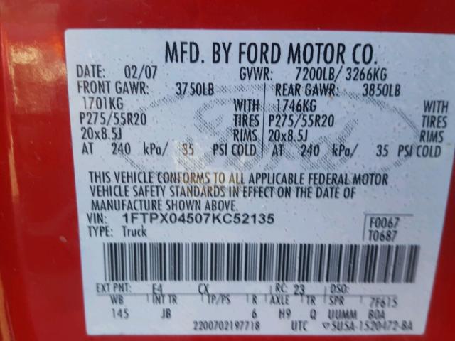 1FTPX04507KC52135 - 2007 FORD F150 RED photo 10