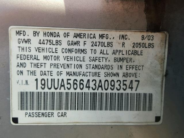 19UUA56643A093547 - 2003 ACURA 3.2TL SILVER photo 10