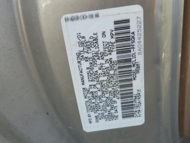 4T3ZF13C61U376720 - 2001 TOYOTA SIENNA LE GRAY photo 10