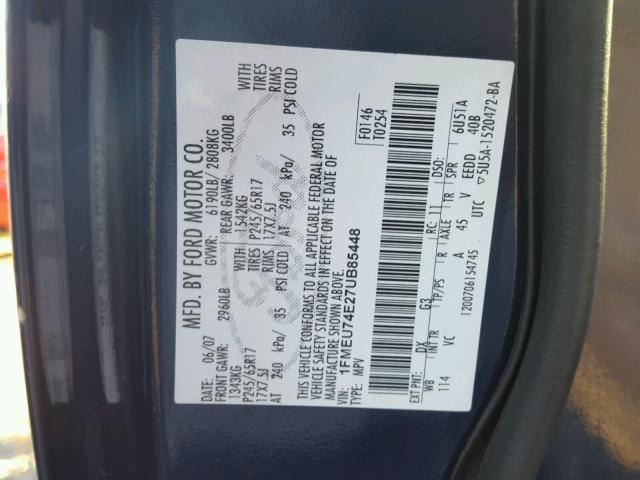 1FMEU74E27UB85448 - 2007 FORD EXPLORER E BLUE photo 10