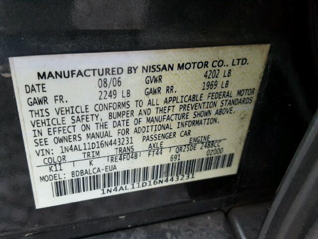 1N4AL11D16N443231 - 2006 NISSAN ALTIMA S CHARCOAL photo 10