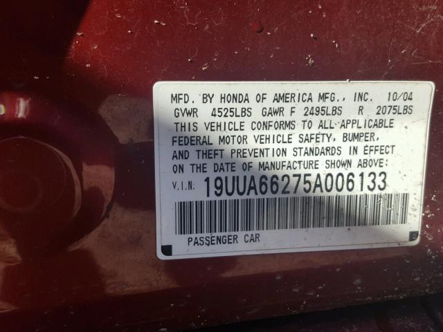 19UUA66275A006133 - 2005 ACURA TL RED photo 10