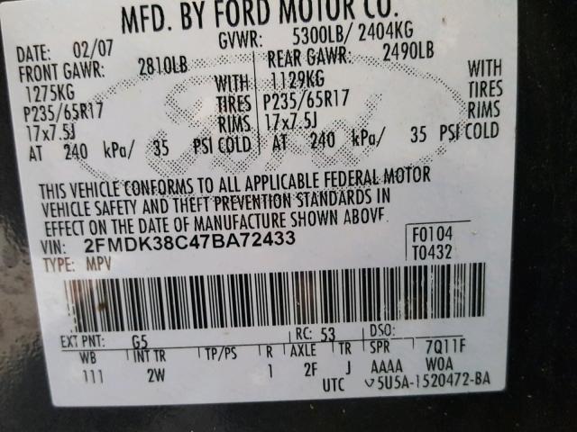 2FMDK38C47BA72433 - 2007 FORD EDGE SEL CHARCOAL photo 10