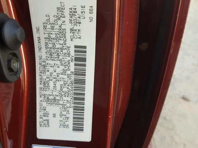 5TDZA23C64S067730 - 2004 TOYOTA SIENNA CE BURGUNDY photo 10