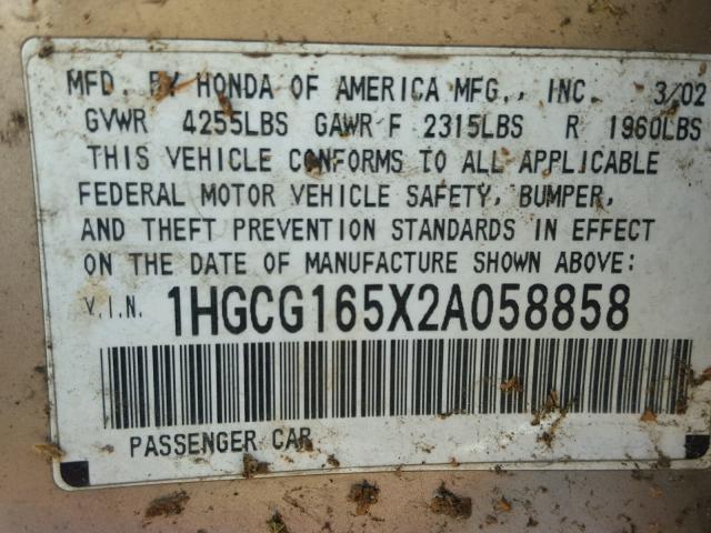 1HGCG165X2A058858 - 2002 HONDA ACCORD EX TAN photo 10