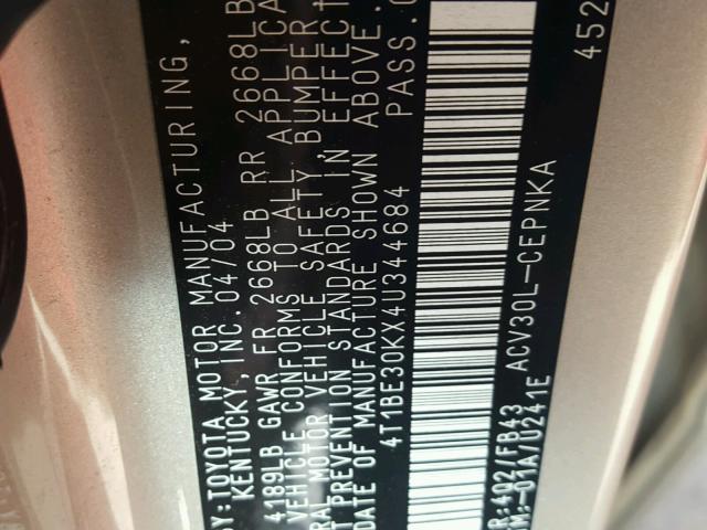 4T1BE30KX4U344684 - 2004 TOYOTA CAMRY LE 金色 照片 10