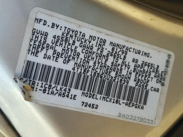 4T1BF18B6XU321039 - 1999 TOYOTA AVALON XL Алтын фото 10