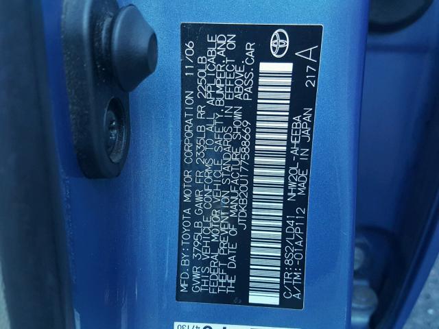 JTDKB20U177588669 - 2007 TOYOTA PRIUS BLUE photo 10