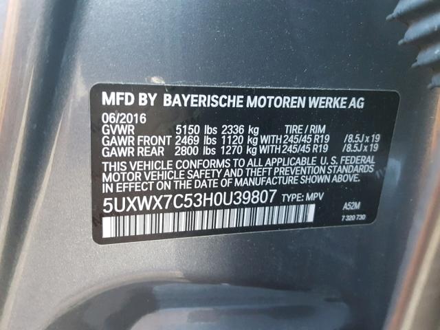 5UXWX7C53H0U39807 - 2017 BMW X3 XDRIVE3 GRAY photo 10