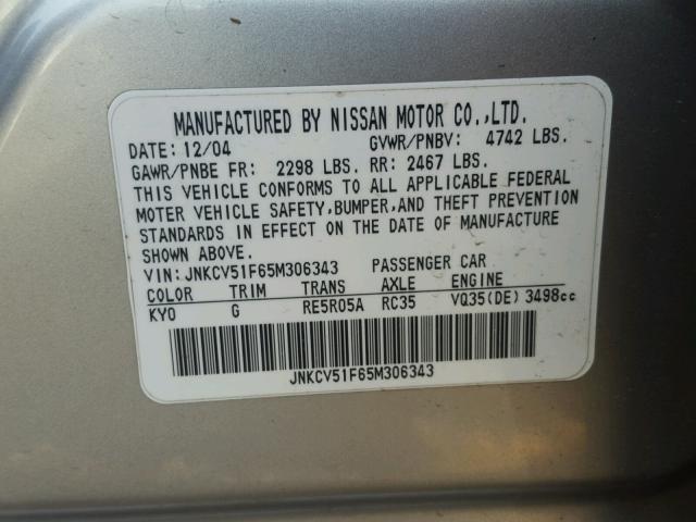 JNKCV51F65M306343 - 2005 INFINITI G35 SILVER photo 10