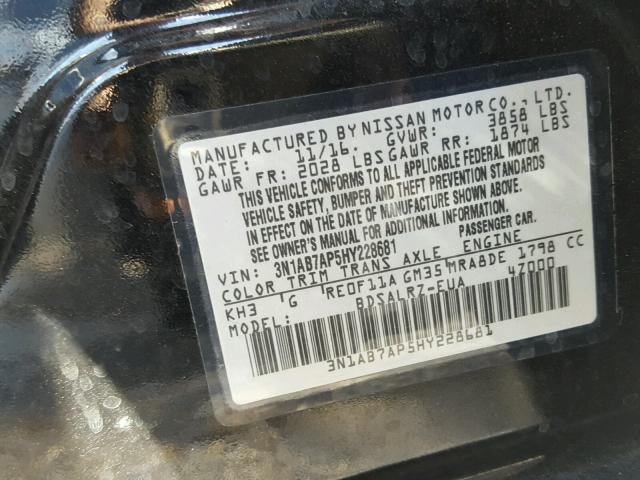 3N1AB7AP5HY228681 - 2017 NISSAN SENTRA BLACK photo 10