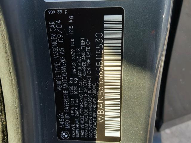 WBANB33585B115530 - 2005 BMW 545 I GRAY photo 10