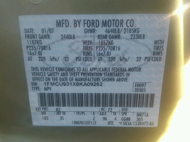 1FMCU931X8KA09262 - 2008 FORD ESCAPE XLT GREEN photo 10