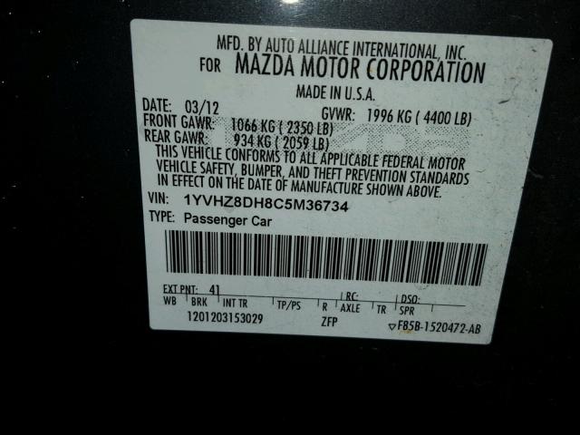 1YVHZ8DH8C5M36734 - 2012 MAZDA 6 I BLACK photo 10