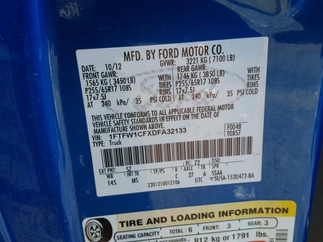 1FTFW1CFXDFA32133 - 2013 FORD F150 SUPER BLUE photo 9