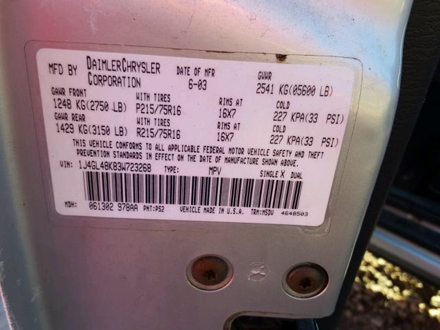 1J4GL48K83W723268 - 2003 JEEP LIBERTY SP SILVER photo 10