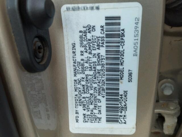 4T1BF32K72U538757 - 2002 TOYOTA CAMRY LE 棕色 照片 10