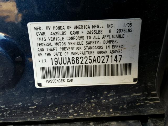 19UUA66225A027147 - 2005 ACURA TL BLUE photo 10