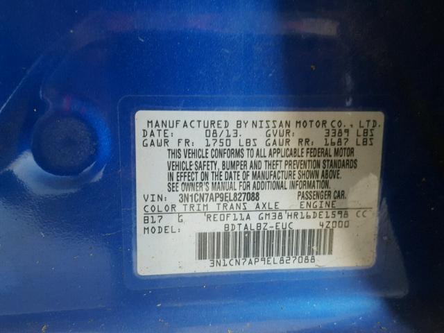 3N1CN7AP9EL827088 - 2014 NISSAN VERSA S BLUE photo 10